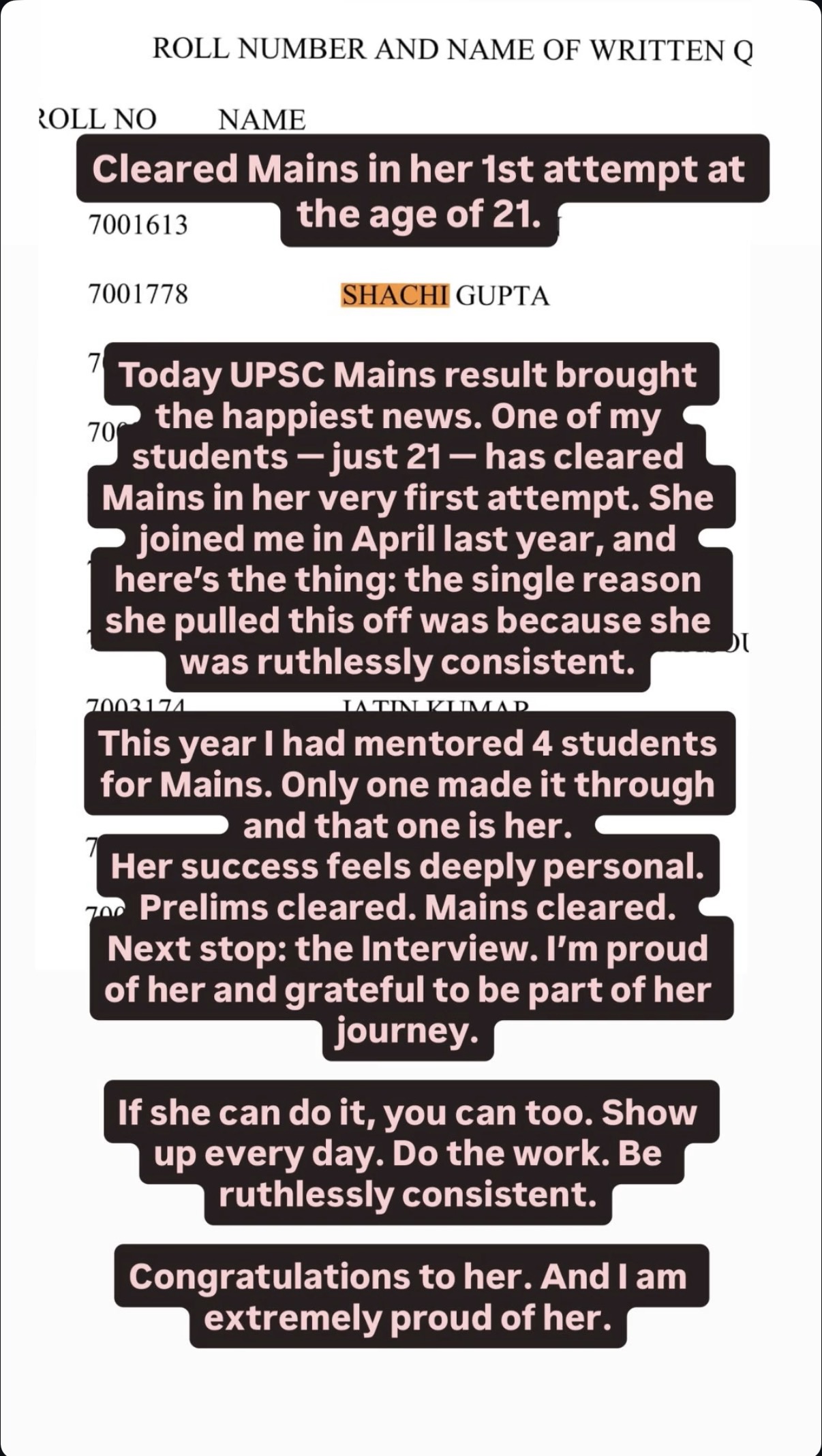 Post announcing Shachi Gupta clearing UPSC Mains in her first attempt at 21