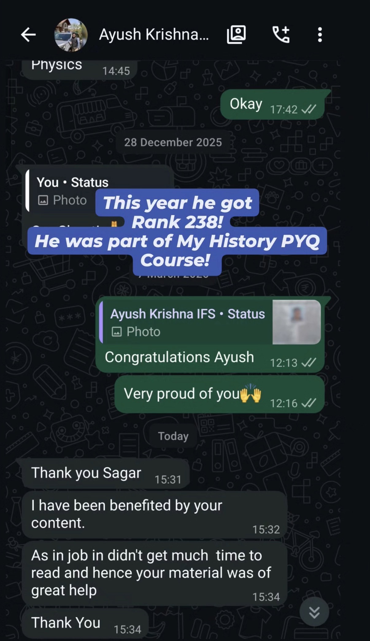 Post announcing Ayush Krishna securing All India Rank 238
